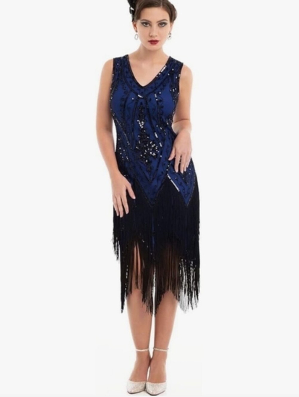 NWT Women's Roaring 1920's Elegant Navy Blue Fringe Beaded Flapper Dress Size-XL - Picture 3 of 5